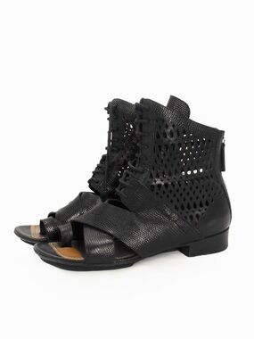 Proenza Schouler Black Leather Lizard Laser Cut Out Lace Up Ankle Boots Shoes
